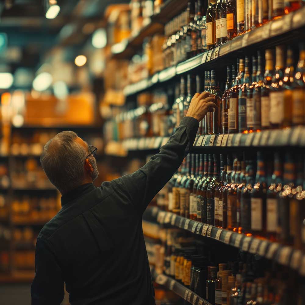 A man at a shelf in a supermarket with spirits reaches for a bottle