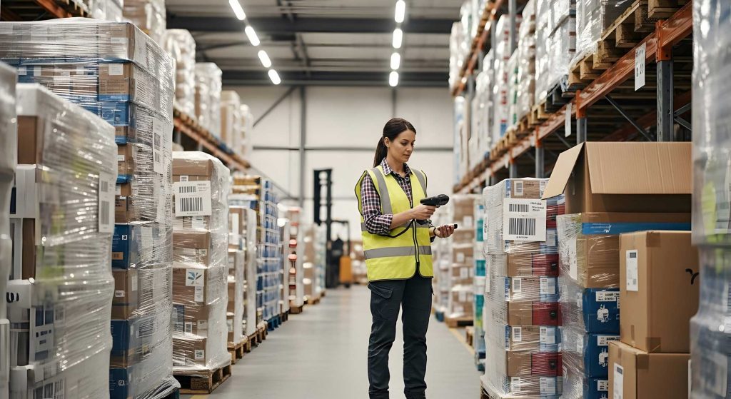 A worker in a warehouse scanning pallets of goods